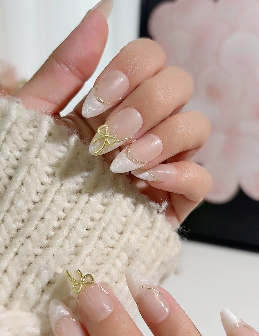 Champagne Ribbon Press-On Nails – Nude Sculpted French with Gold Bow