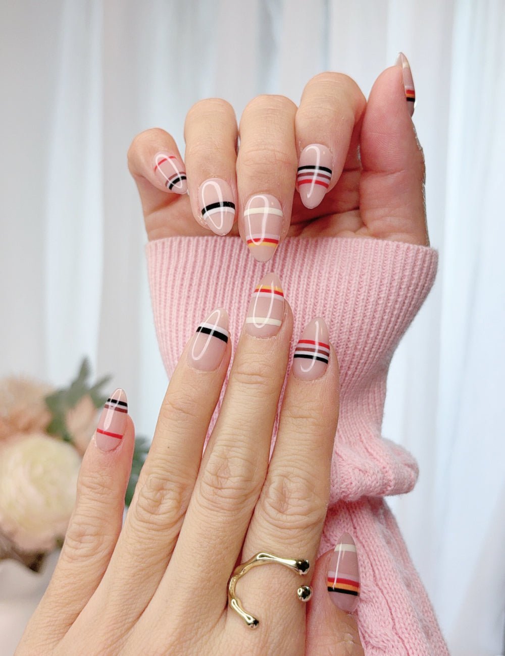 Plaid Stripe Press On Nails Handmade Reusable Fake Nails Short Almond