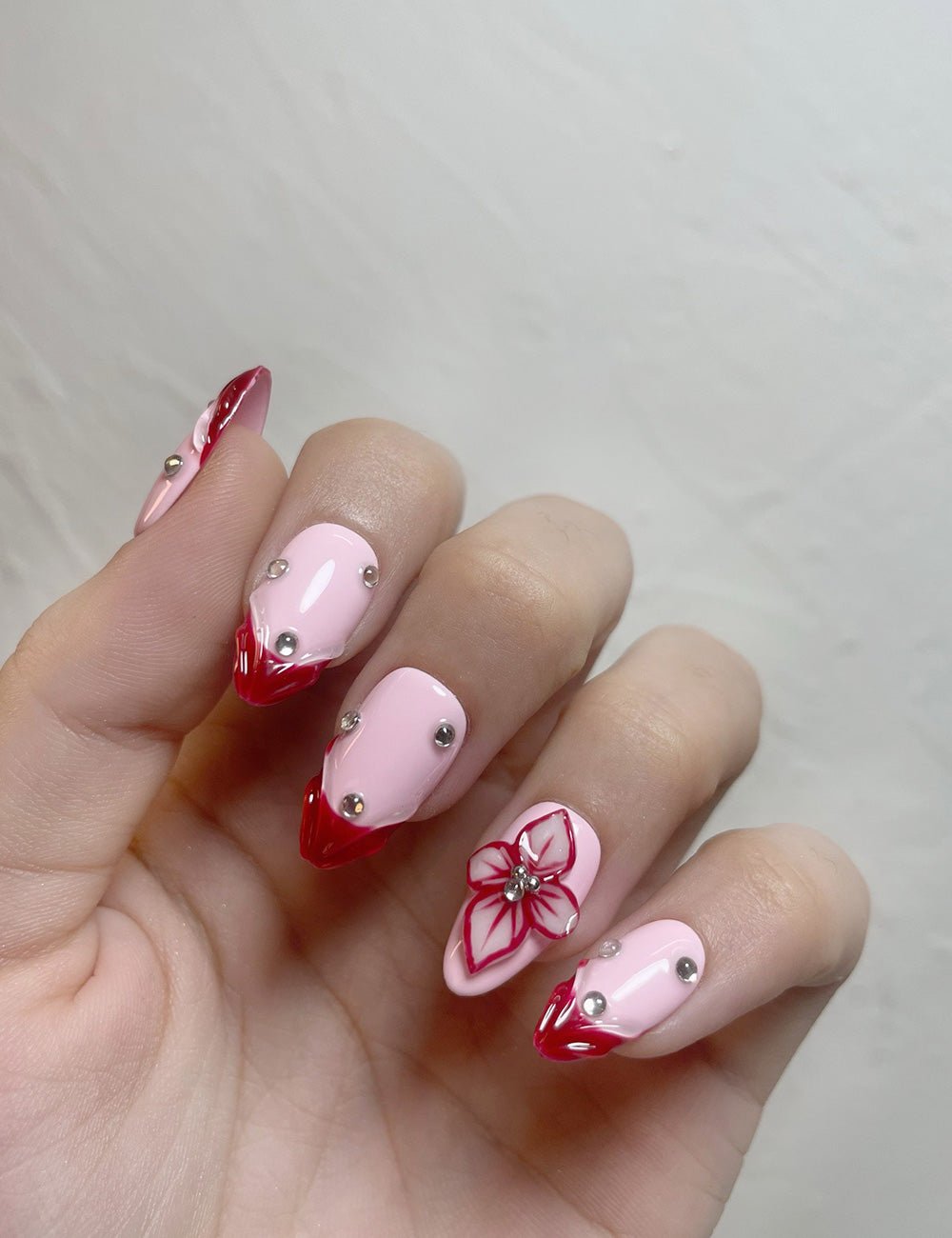 Sweetheart Bow Press-On Nails – Pink & Red French with 3D Ribbon Charm