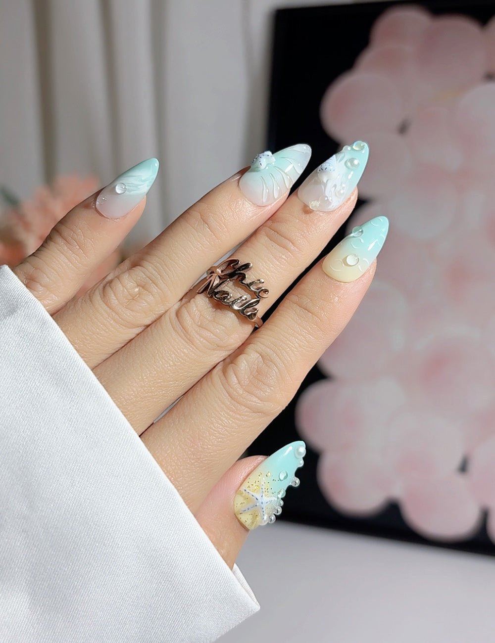 Mint Wave 3D Shell Press-On Nails – Almond Set