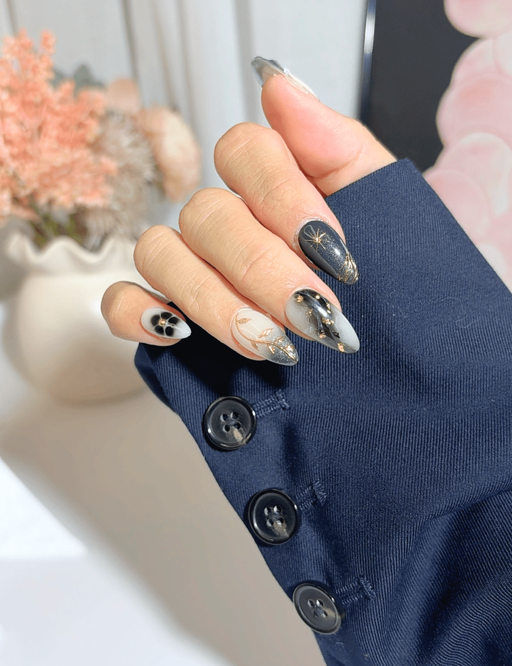 Midnight Bloom Gold Line Press On Nails