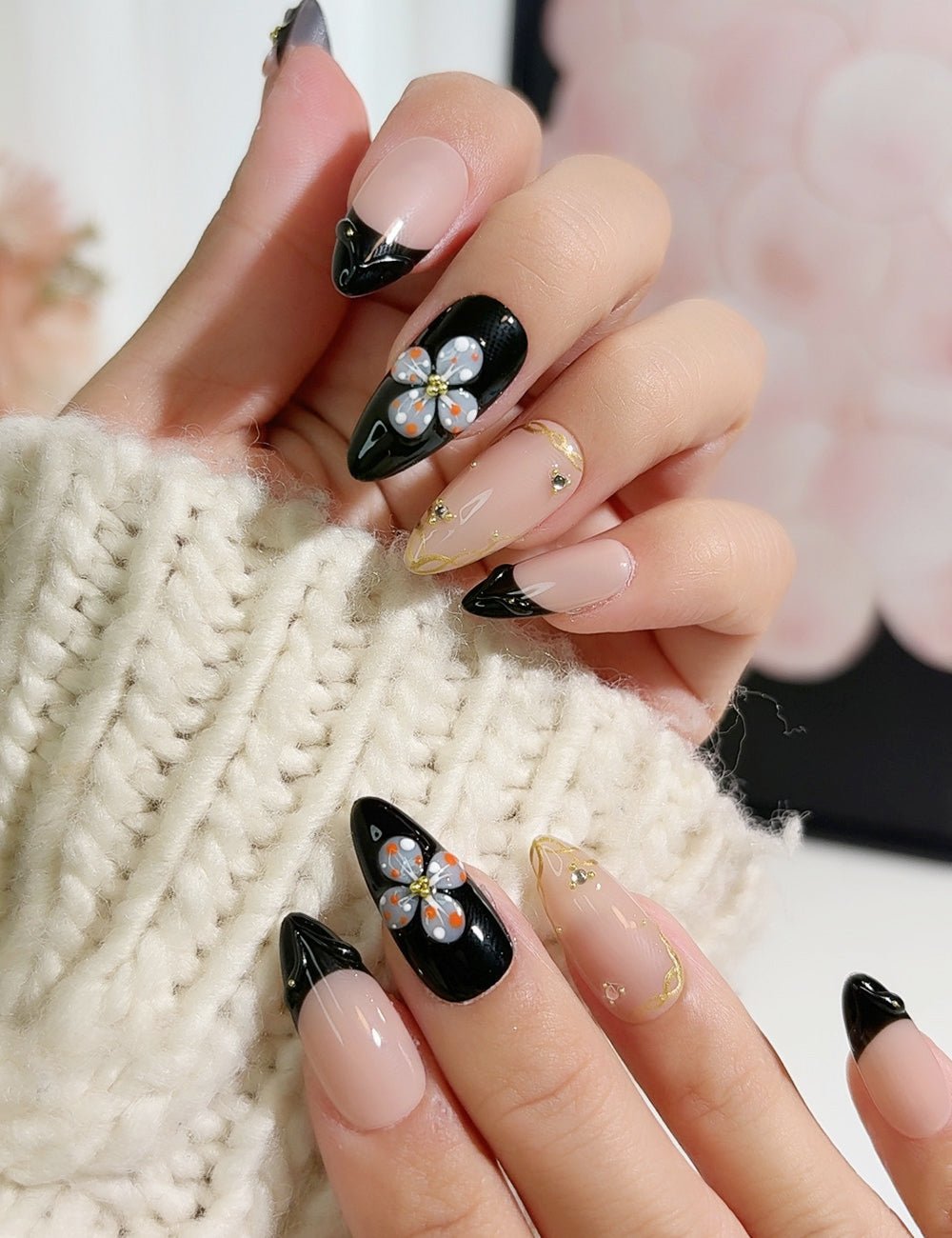 Midnight Bloom Press-On Nails – Black French with 3D Orange Florals