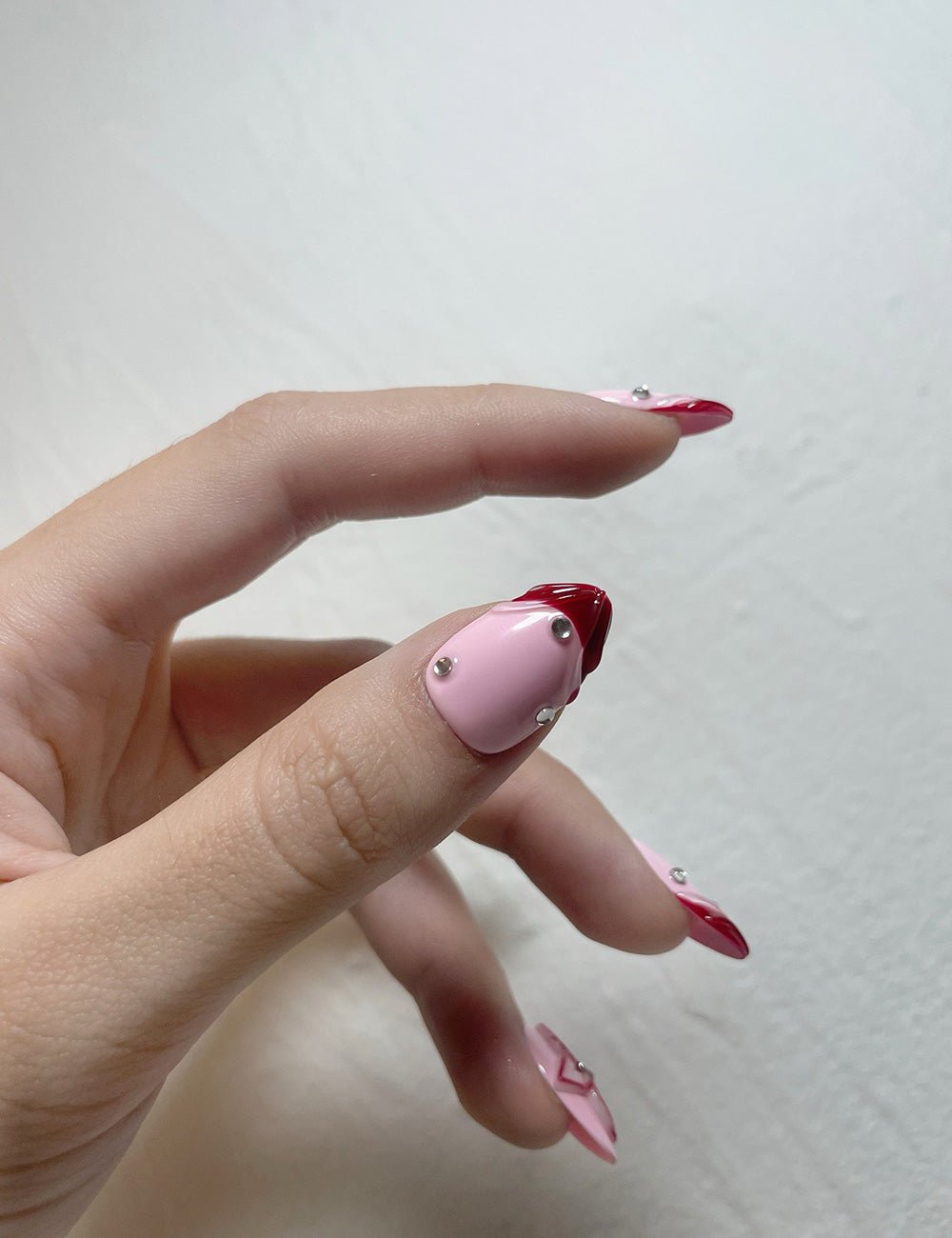 Sweetheart Bow Press-On Nails – Pink & Red French with 3D Ribbon Charm