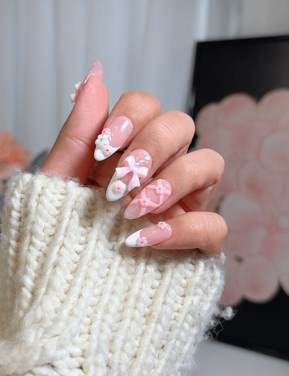 Pink Bows & Blossoms | Short Almond Press-On Nails