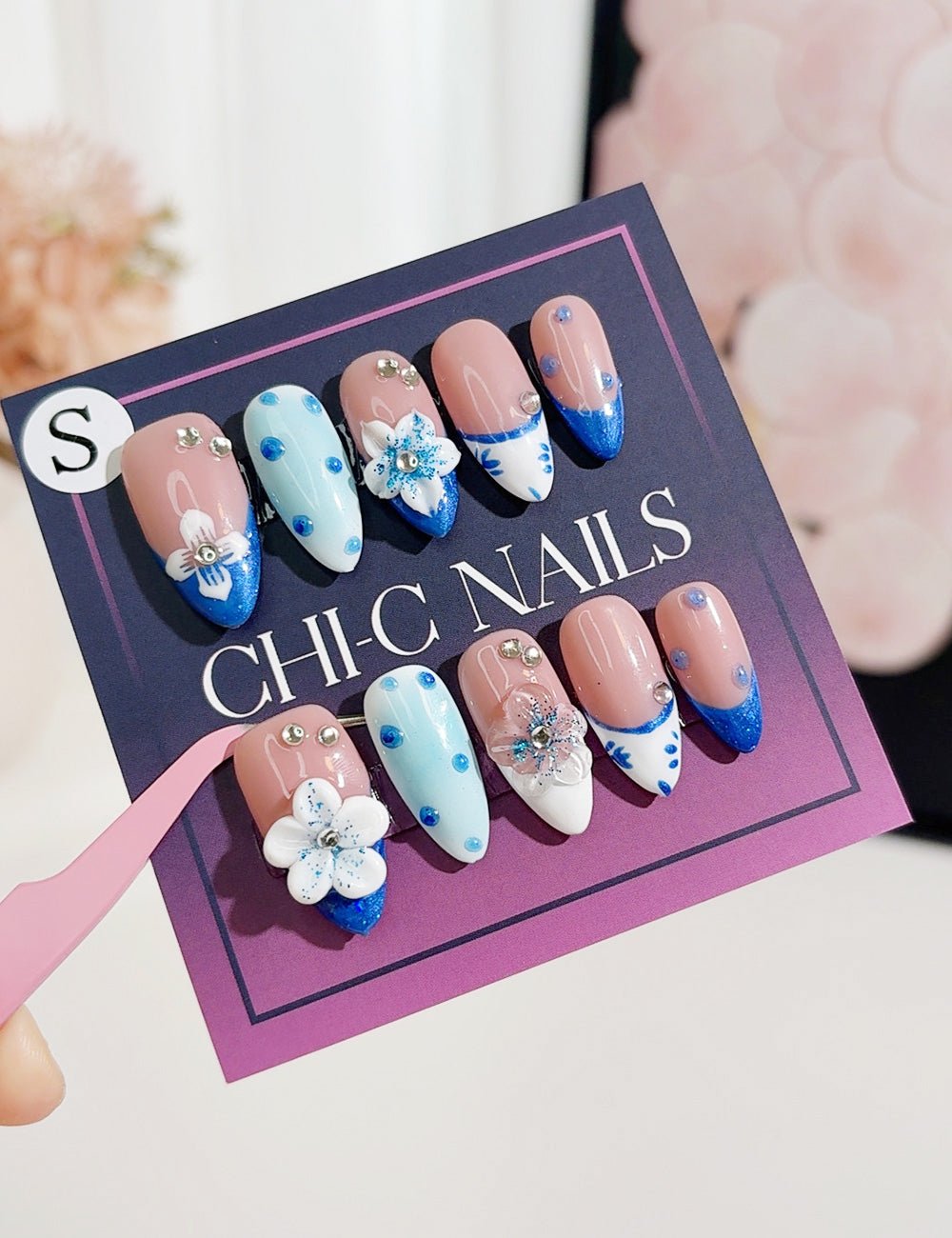 Ocean Bloom Press-On Nails – Blue Glitter, Florals & Polka Dot Mix