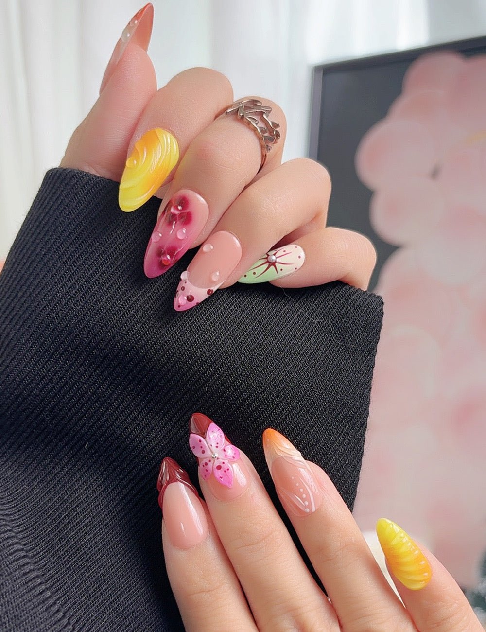 Colorful Floral Press On Nails, Medium Almond, Handmade Jelly Nails, Artistic Statement Fake Nails