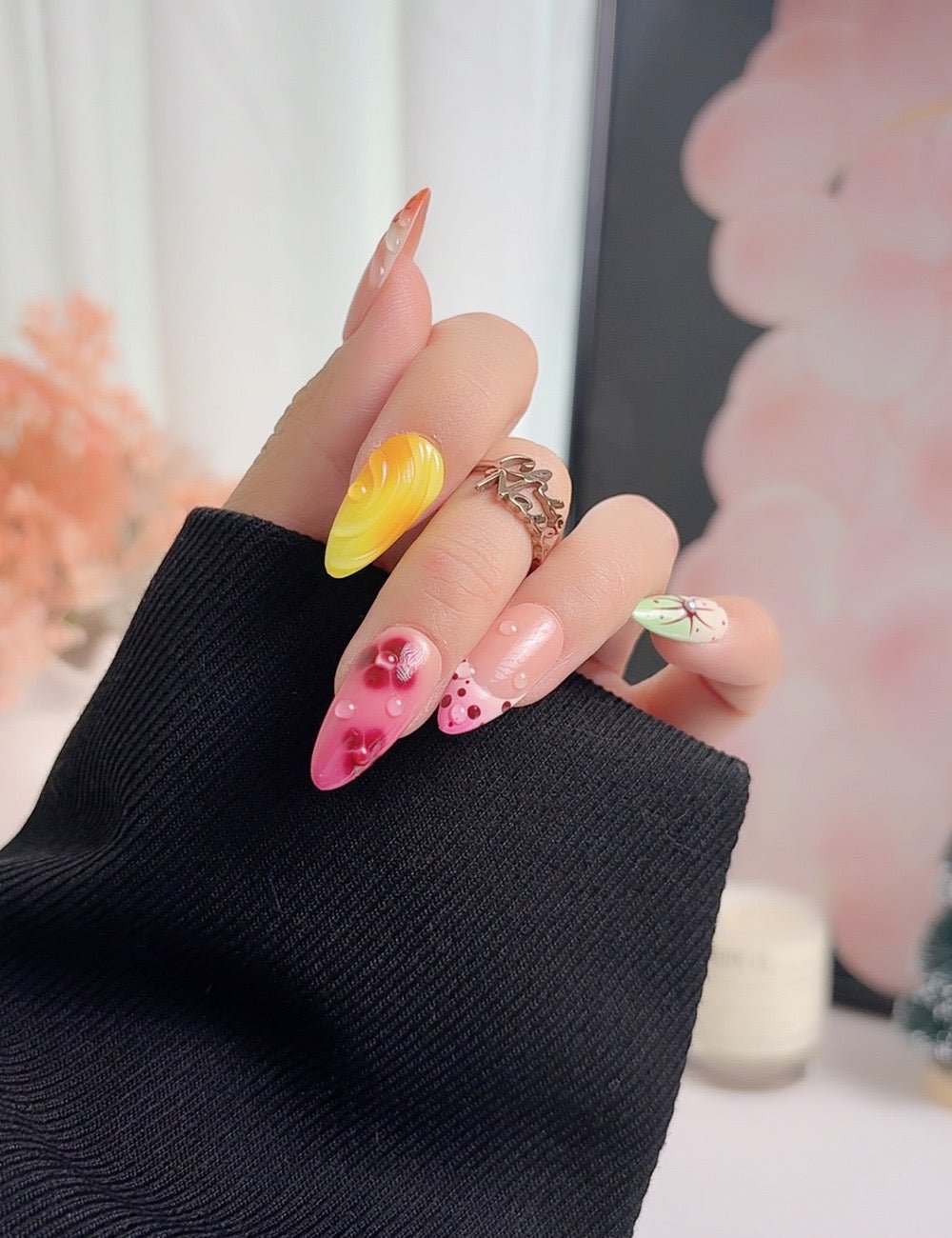 Colorful Floral Press On Nails, Medium Almond, Handmade Jelly Nails, Artistic Statement Fake Nails