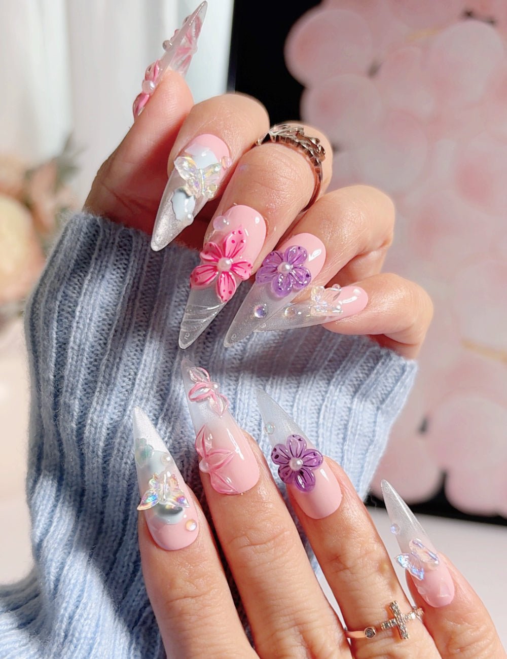 Stiletto Clear Pink Press-On Nails – 3D Flower Butterfly Rhinestone Nails