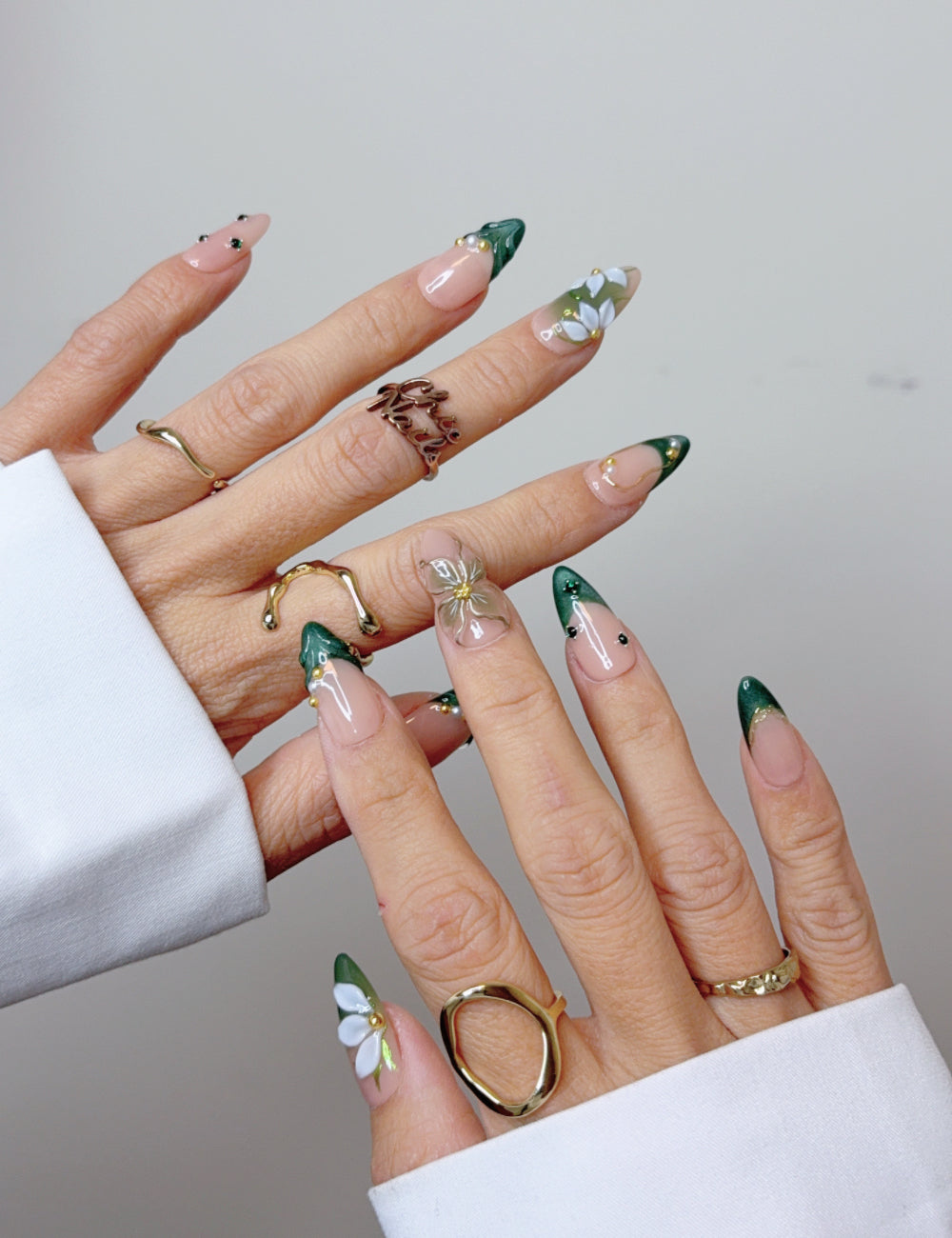 Handmade Emerald Green Floral French Press-On Nails – Medium Almond