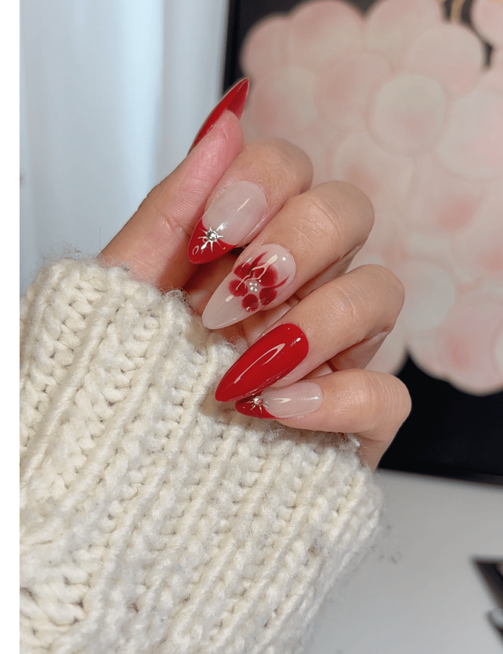 Red Floral French Press-On Nails