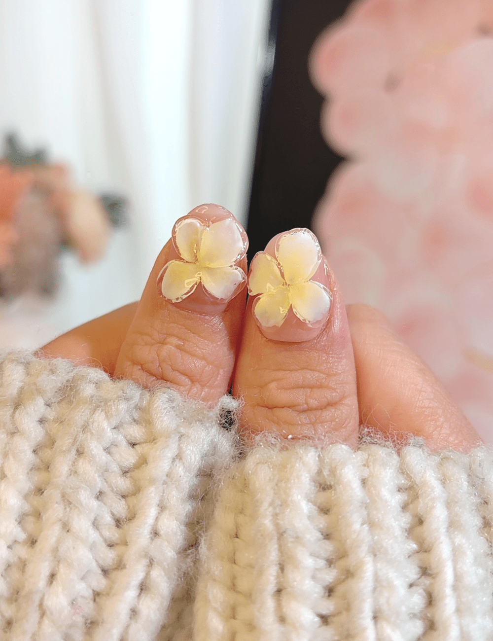 Yellow French Flower Press-On Nails – Short Oval | 3D Summer Floral Design