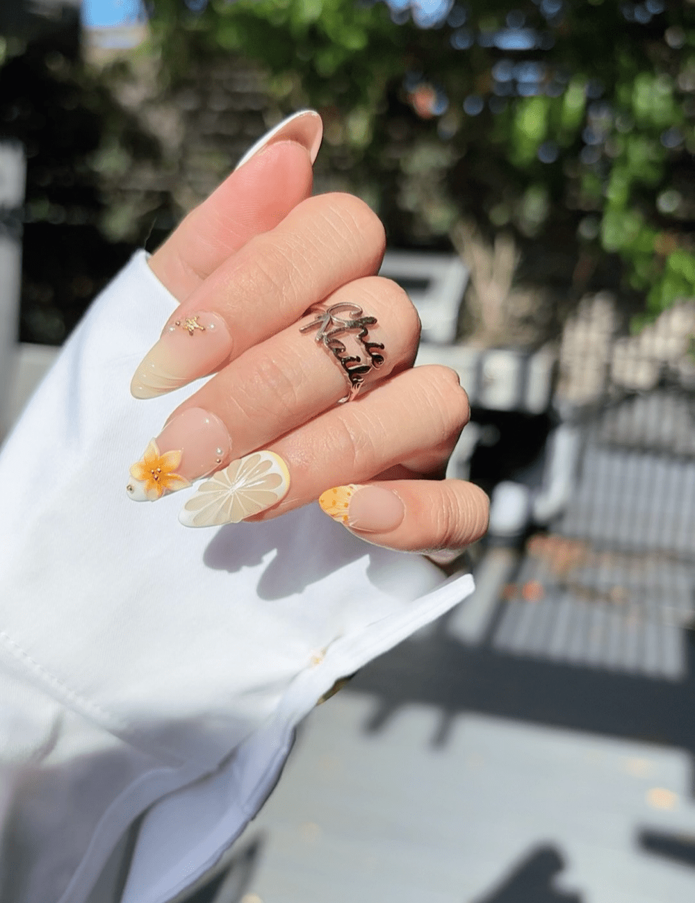 Citrus Blossom Press-On Nails – 3D Orange Flower & Lemon Slice Design