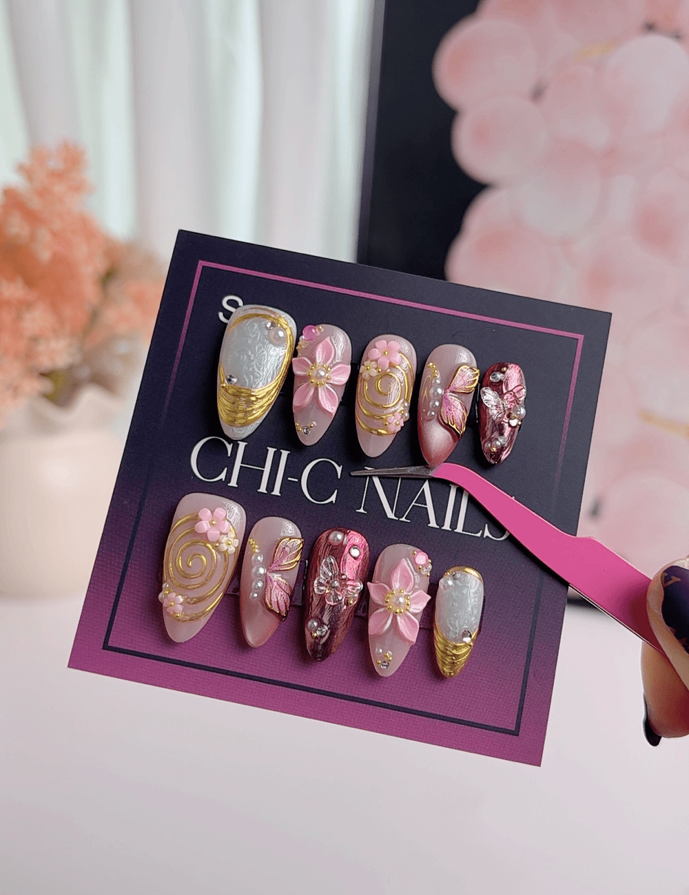 Luxury 3D Flower Press On Nails – Medium Almond Pink Gold Butterfly Design