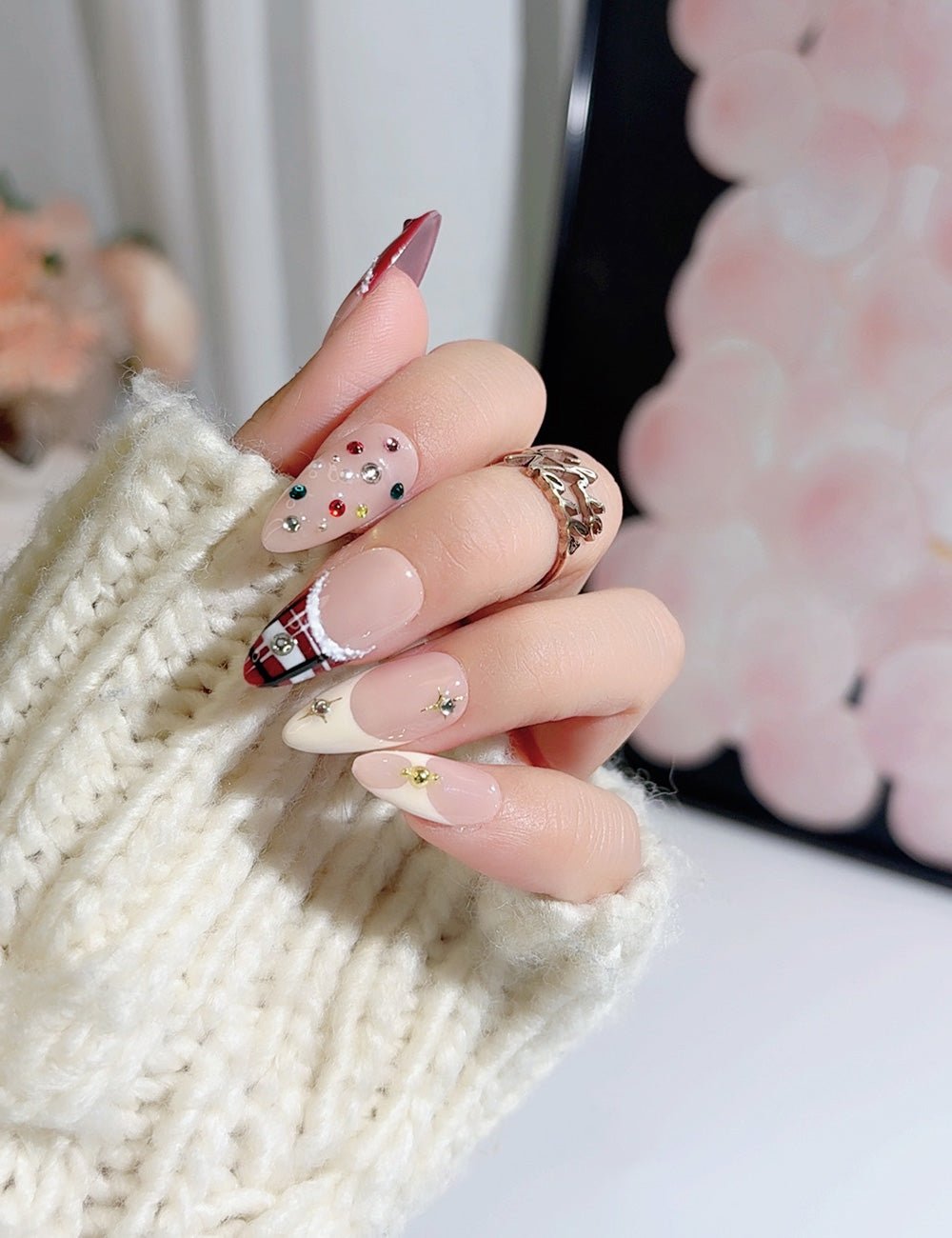 Handmade Press On Nails Christmas Plaid Festive Design Reusable Fake Nails CHICNAILS
