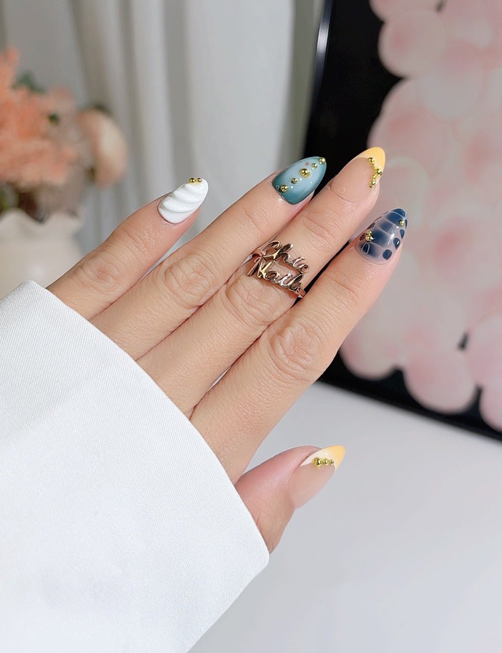 Handmade Press On Nails Blue Green Yellow Mix Design Reusable Fake Nails CHICNAILS