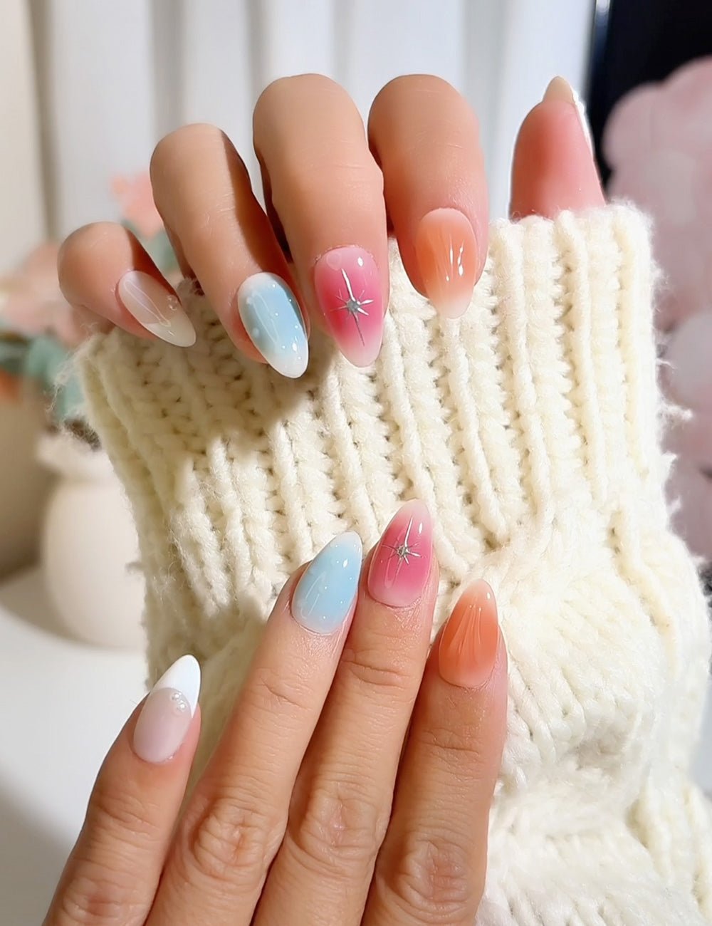 Pastel Daydream Press-On Nails – Gradient Starburst & Pearl Accent Set (10-Piece)