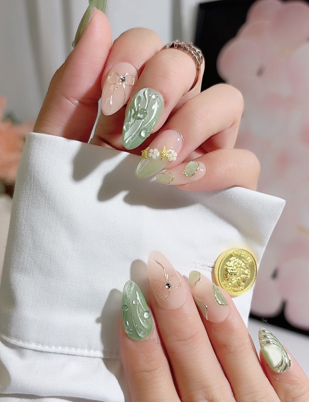 Handmade Press On Nails Sage Green Floral 3D Design Reusable Fake Nails CHICNAILS