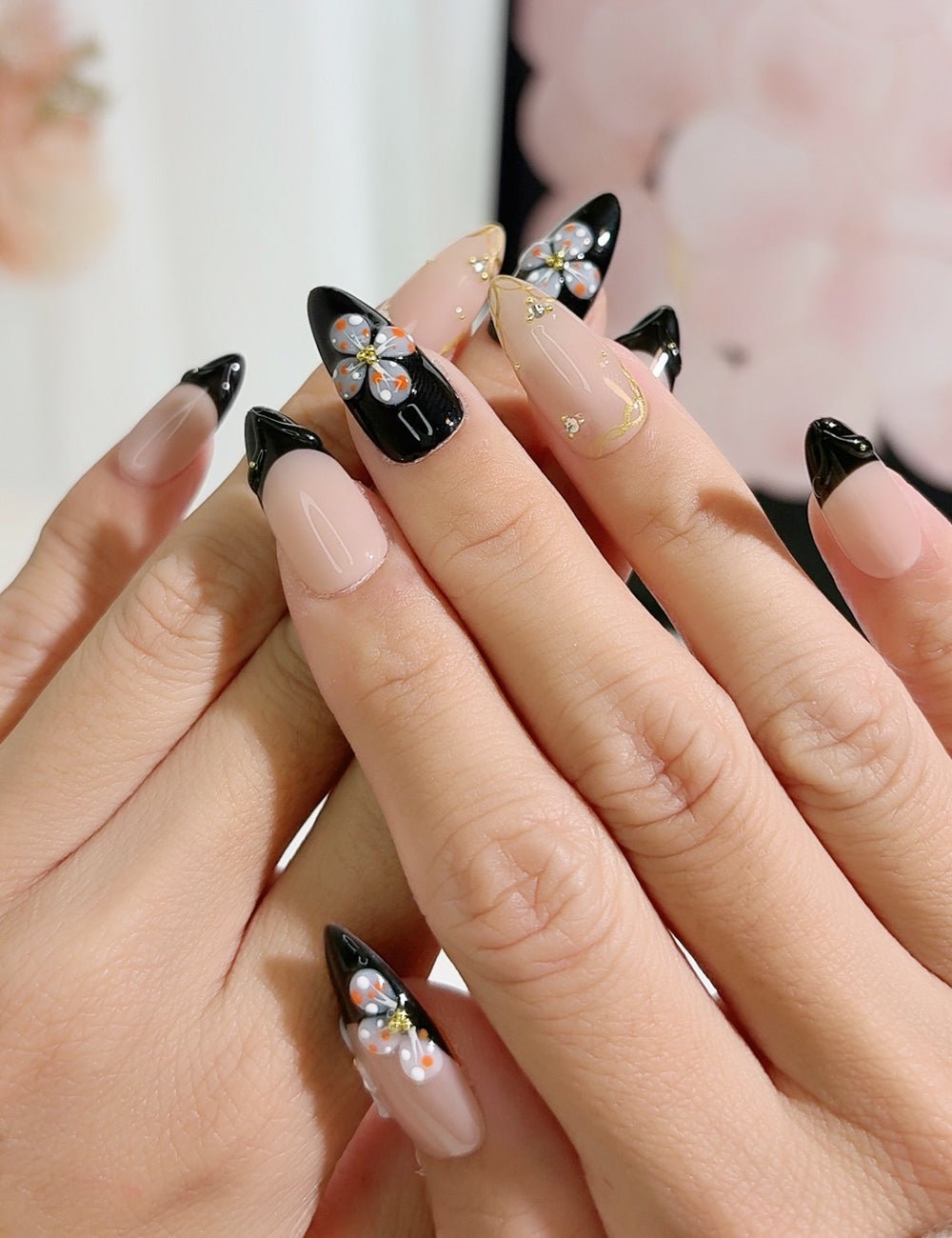 Midnight Bloom Press-On Nails – Black French with 3D Orange Florals