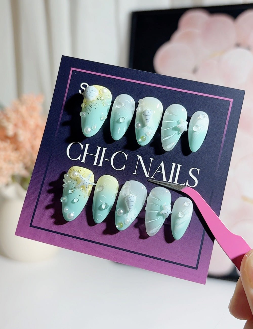 Mint Wave 3D Shell Press-On Nails – Almond Set