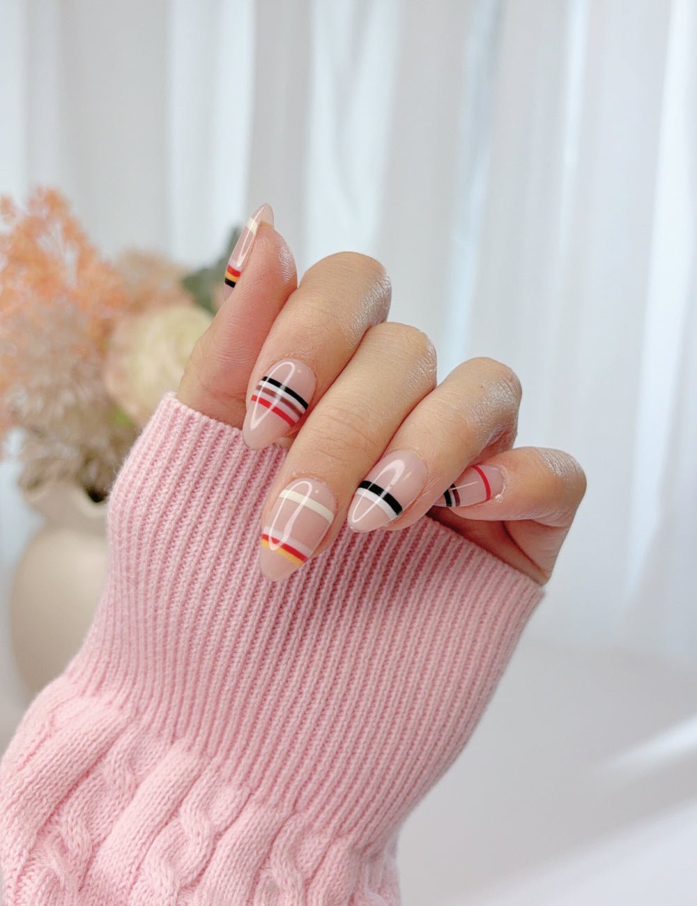 Plaid Stripe Press On Nails Handmade Reusable Fake Nails Short Almond