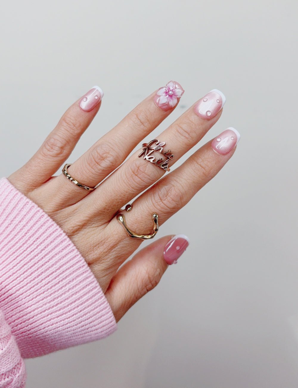 Pink Floral French Extra Short Square Press On Nails