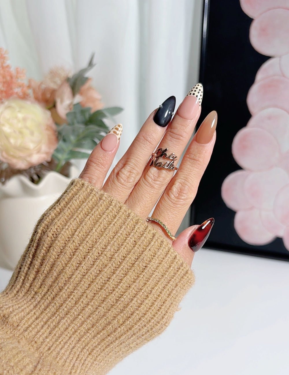 Tortoiseshell & Monochrome Medium Almond Nails