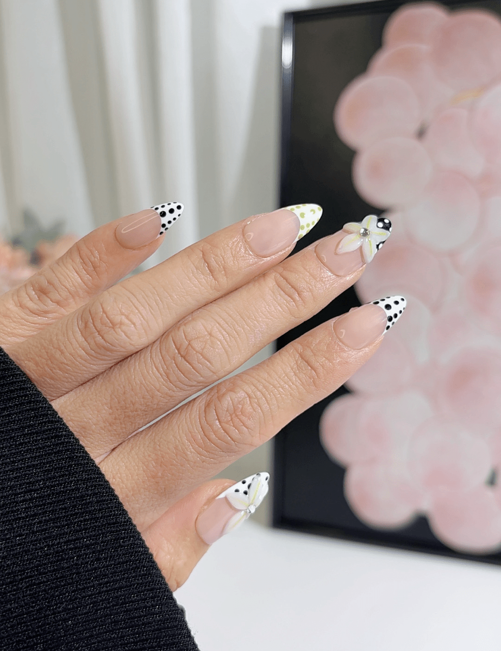 Polka Dot Floral French Press-On Nails – Medium Almond