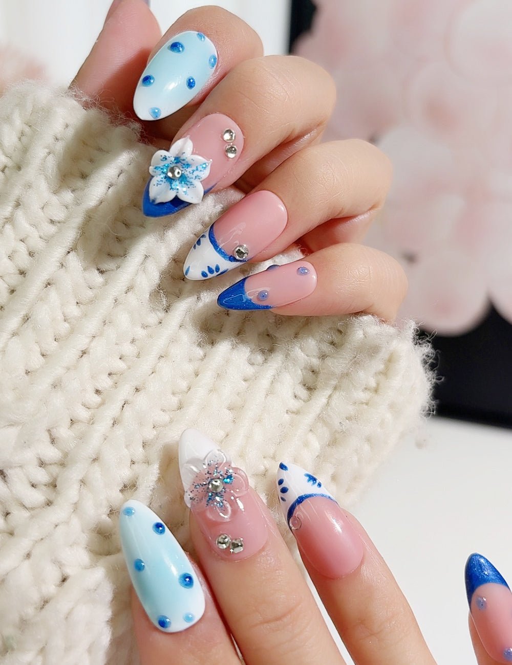 Ocean Bloom Press-On Nails – Blue Glitter, Florals & Polka Dot Mix