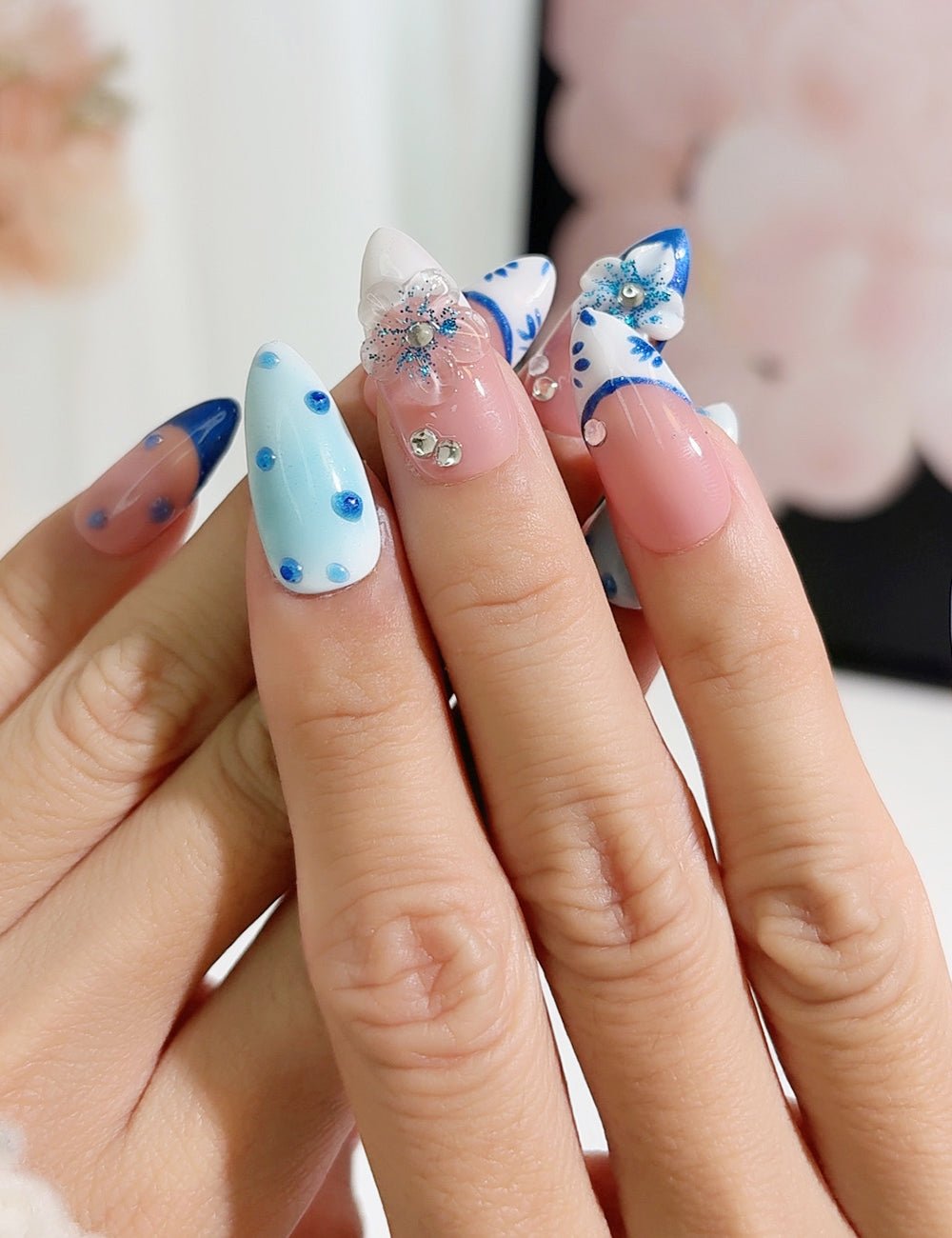 Ocean Bloom Press-On Nails – Blue Glitter, Florals & Polka Dot Mix