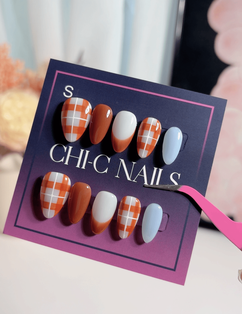 Terracotta Gingham & French Tip Press On Nails | Autumn Harvest Edition