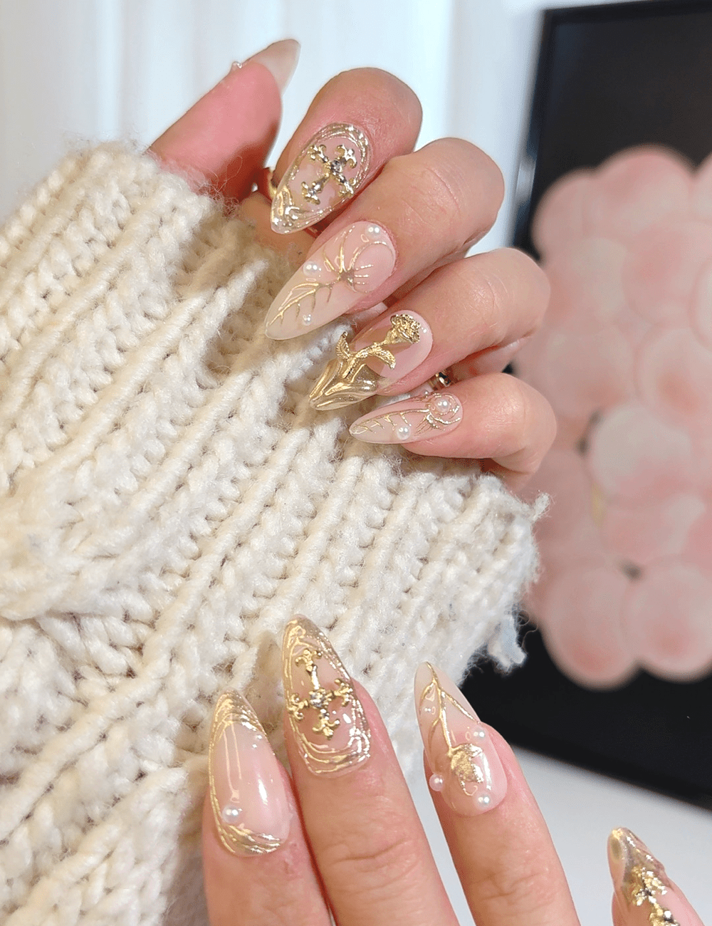 Golden Grace – Nude & Gold 3D Press-On Nails | Medium Almond
