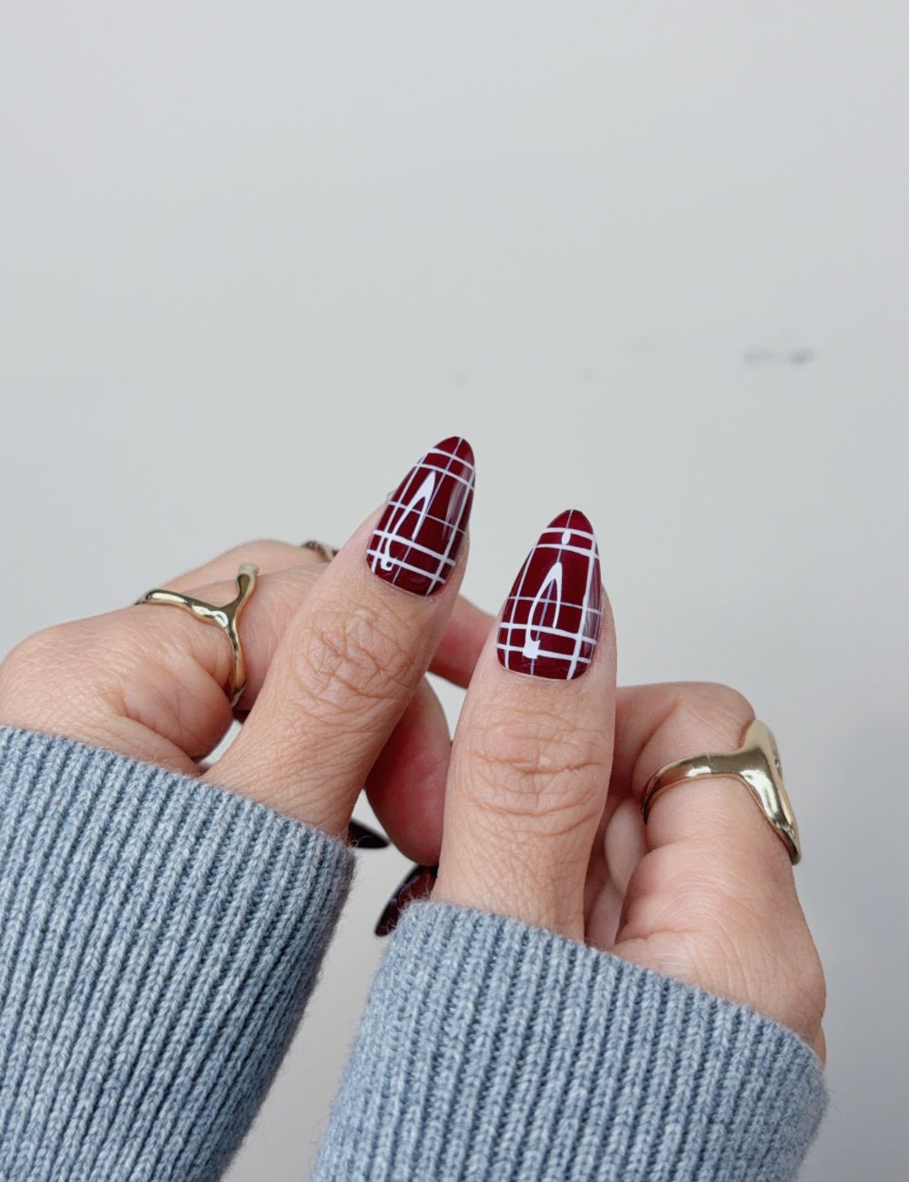 Burgundy Plaid French Medium Almond Press On Nails
