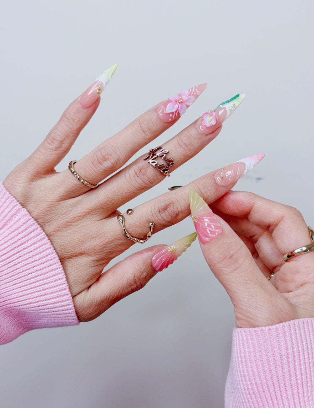 Pink Lily Floral Long Stiletto Press On Nails