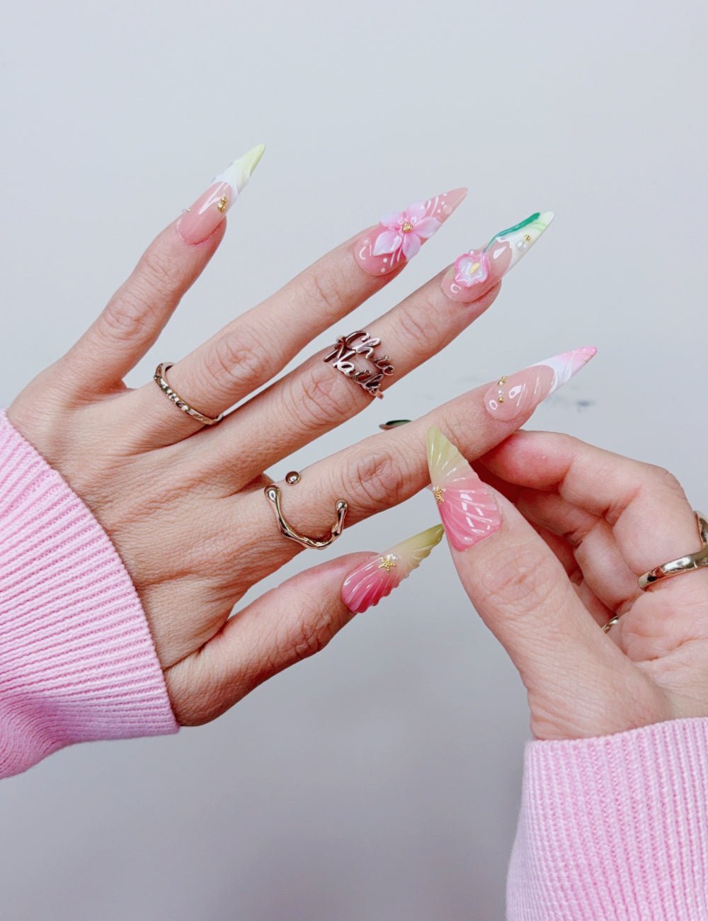 Pink Lily Floral Long Stiletto Press On Nails