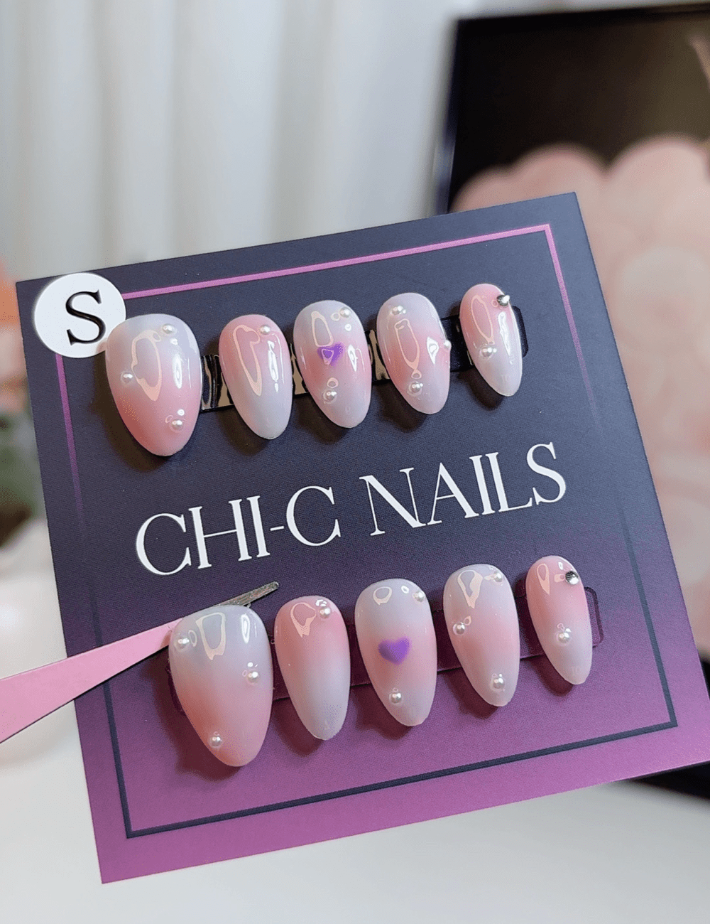 Pink Heart Pearl Press-On Nails – Soft Almond Design for Cute & Elegant Looks