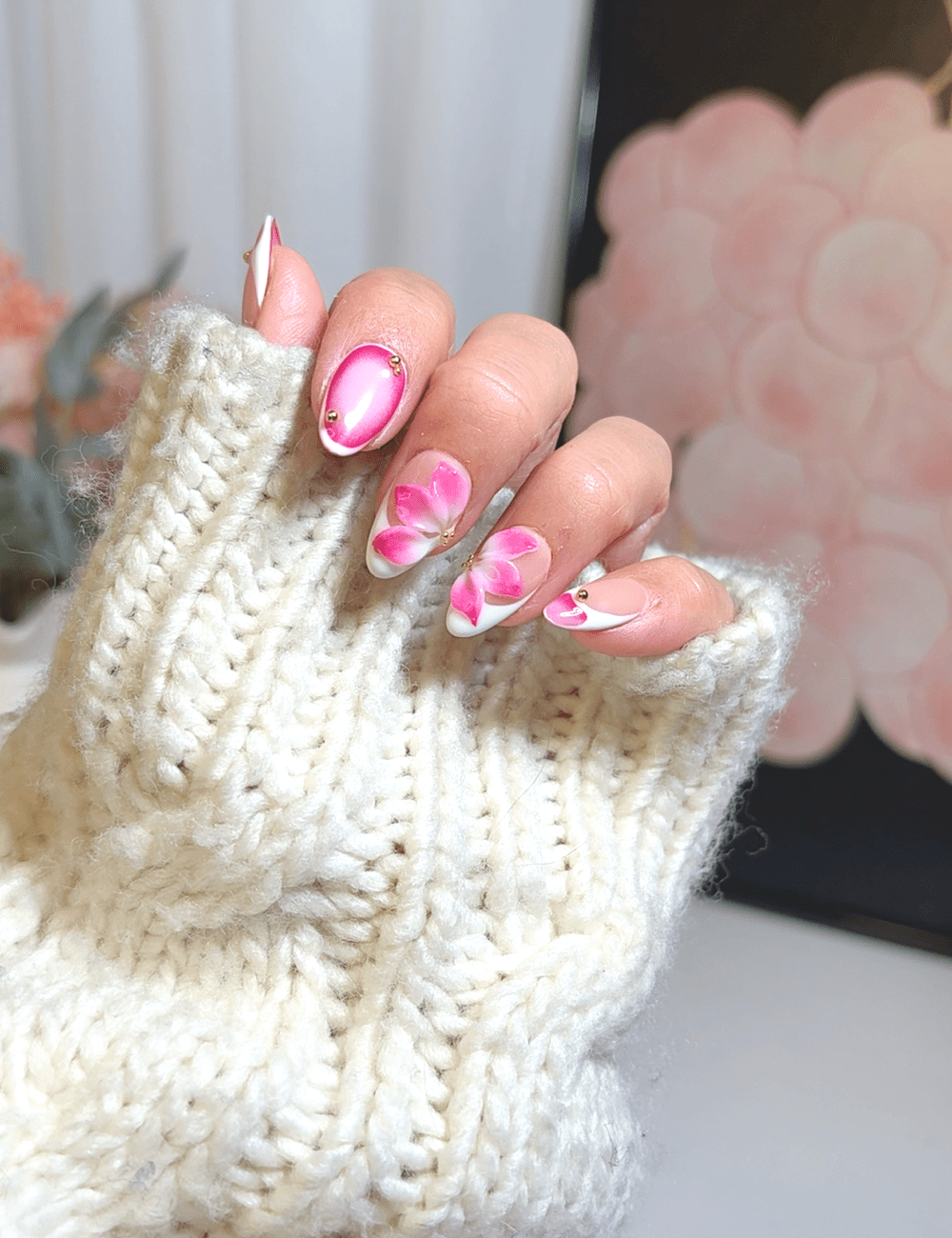 Hot Pink Floral Press-On Nails – 3D Orchid Petals with Ombre Design