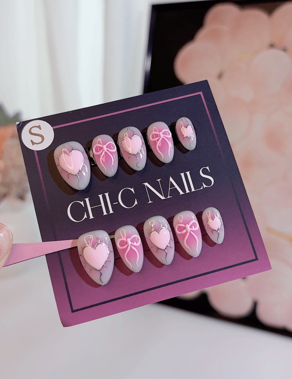 Pink Bow & Heart Press-On Nails – Short Almond | 3D Cute Design