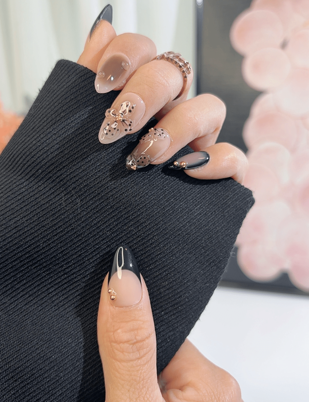 Black Butterfly Floral Ombre Press-On Nails – Medium Almond