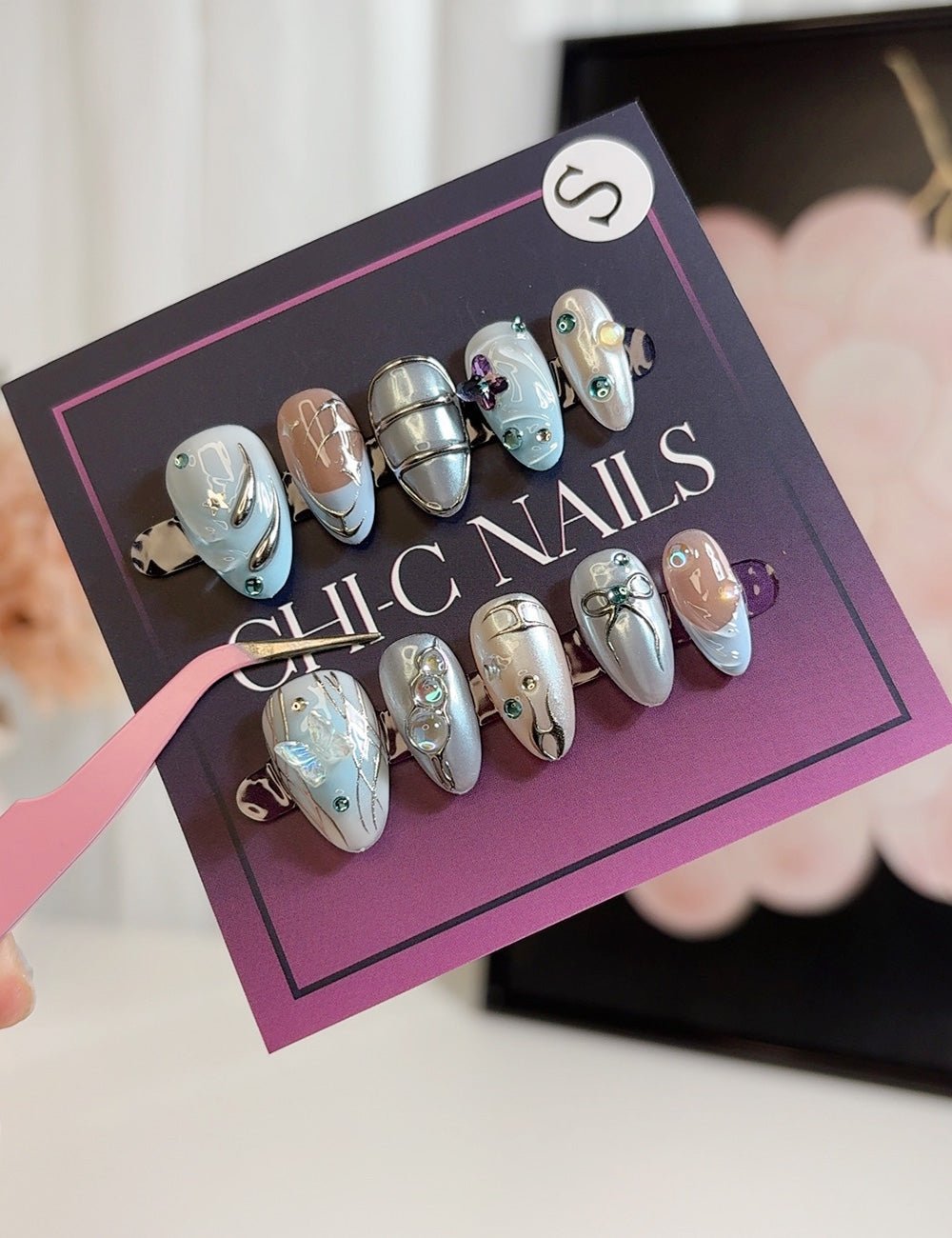 Futurist Glaze – 3D Metallic Silver & Blue Press-On Nails (Short)