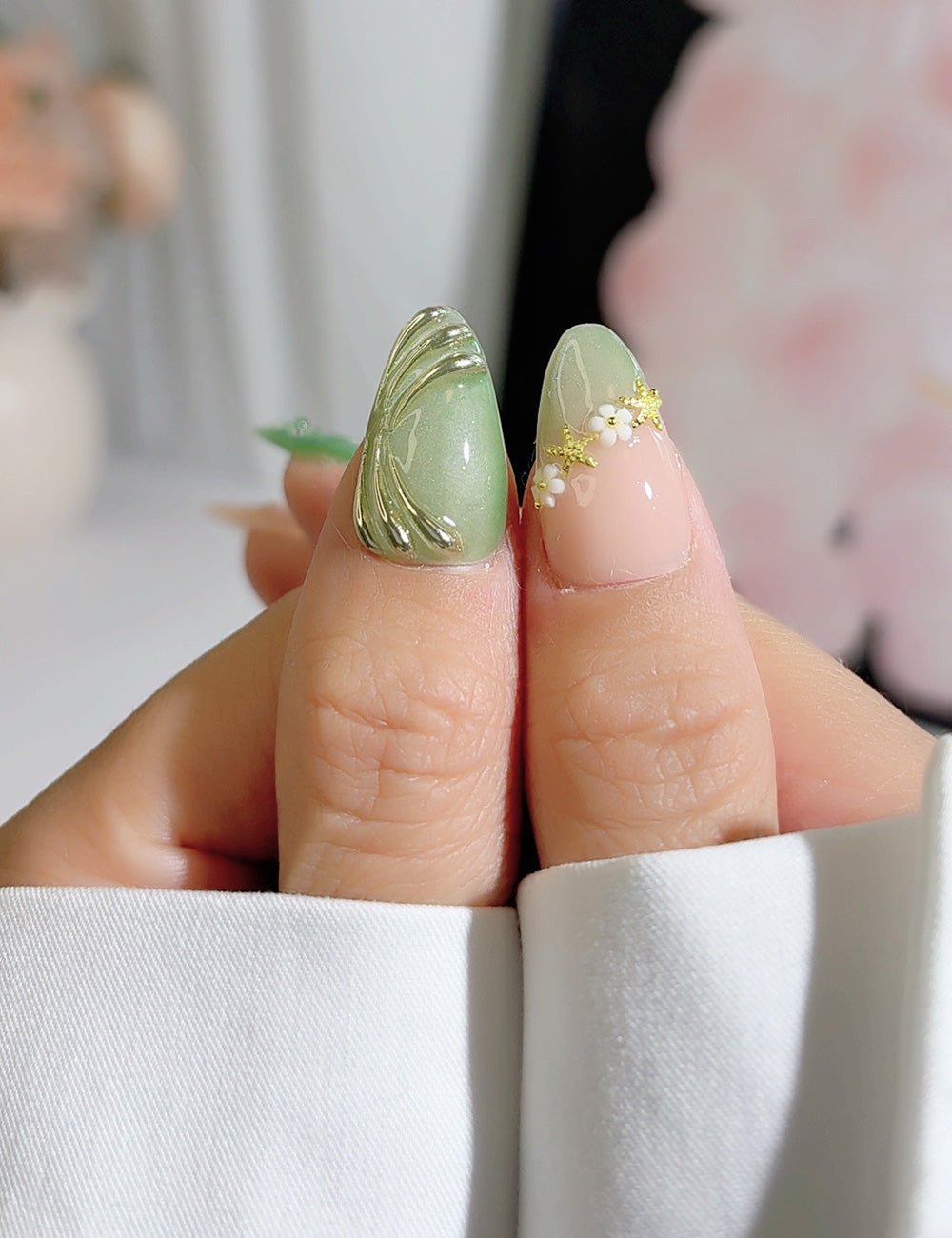 Handmade Press On Nails Sage Green Floral 3D Design Reusable Fake Nails CHICNAILS