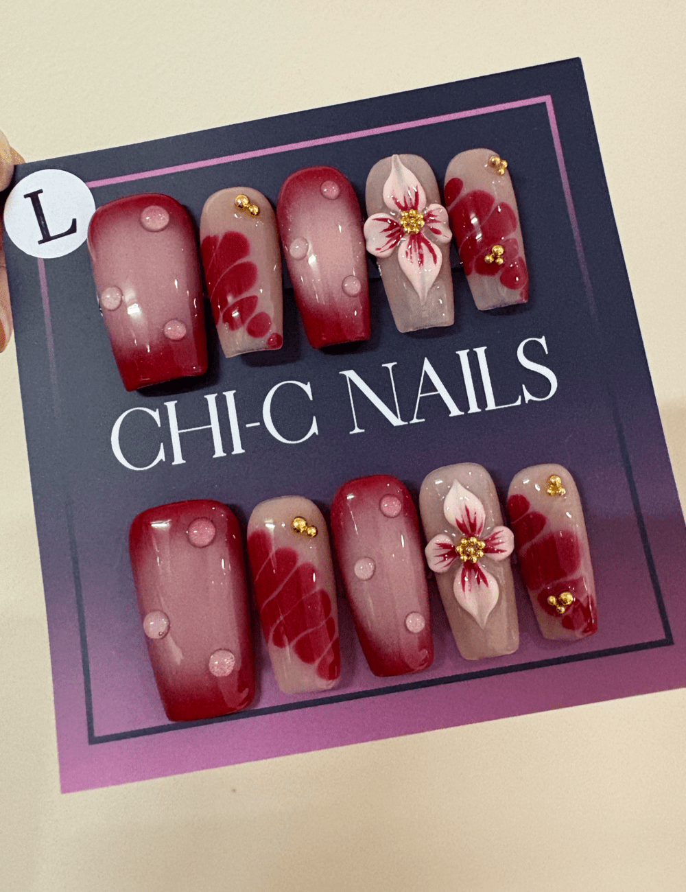 Scarlet Bloom – 3D Red Floral Press-On Nails