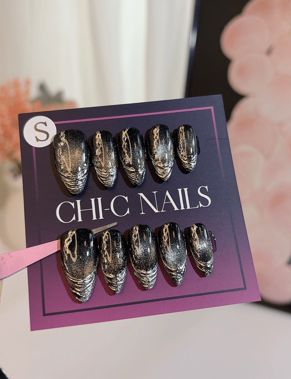 Black & Silver Metallic Press-On Nails – Medium Almond | Galaxy Chrome Design