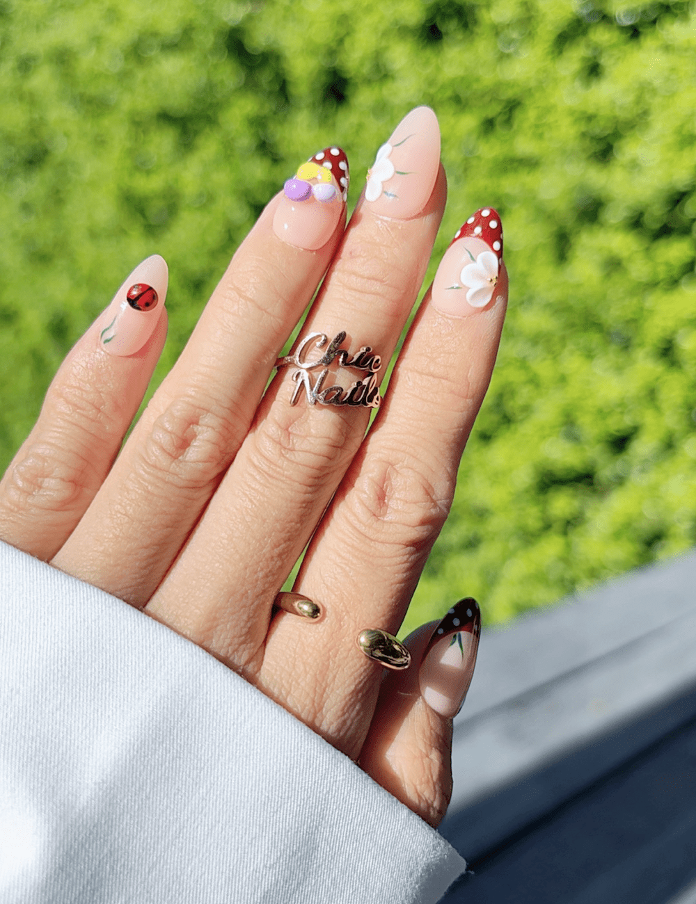 Strawberry Dot – 3D Floral Medium Almond Press-On Nails