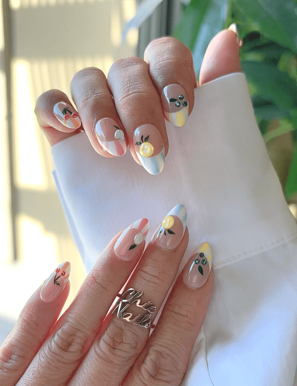 Candy Fruit Stripe Press-On Nails – 3D Fruit & Colorful Pastel Design