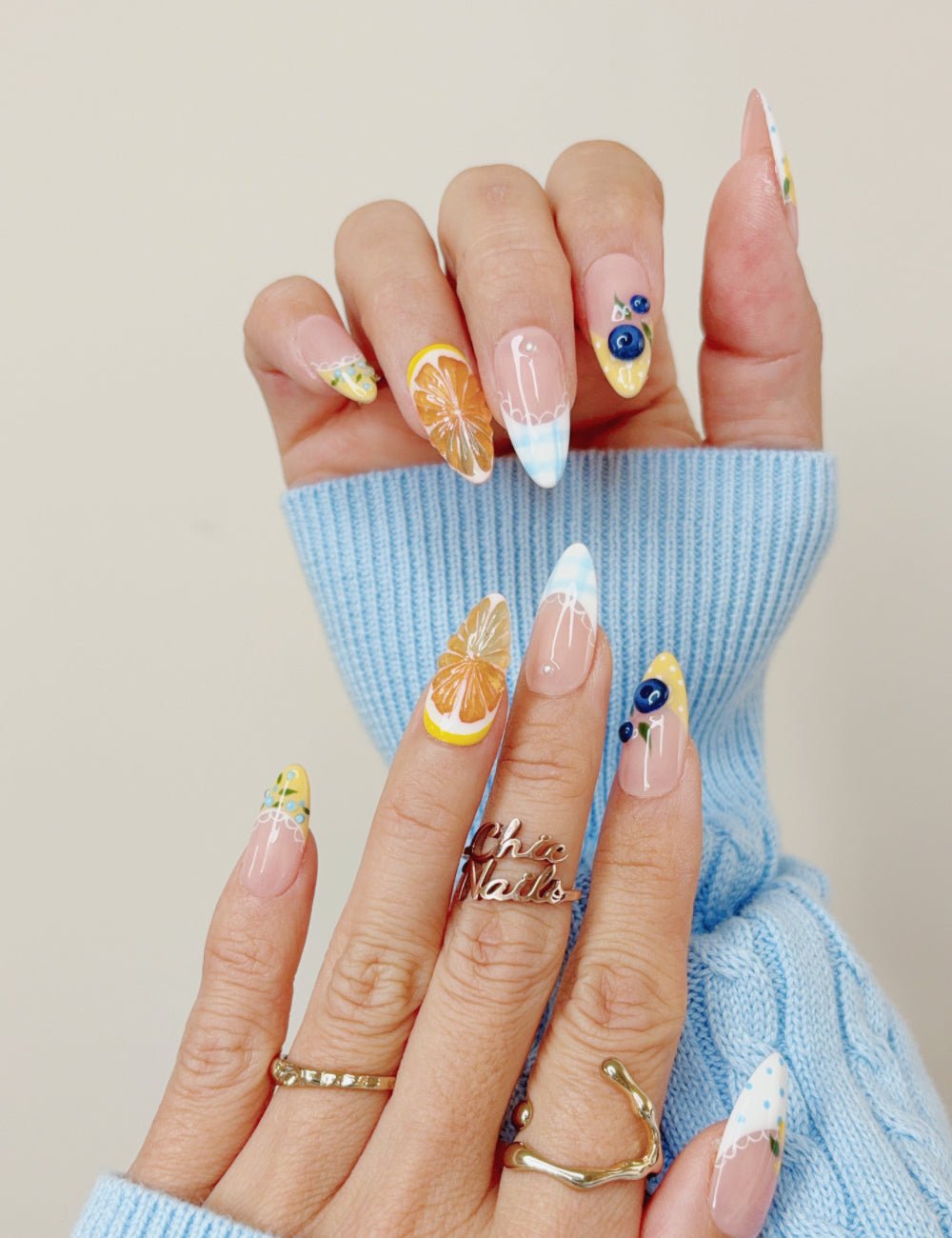 Orange & Blueberry Fruit Medium Almond Press On Nails