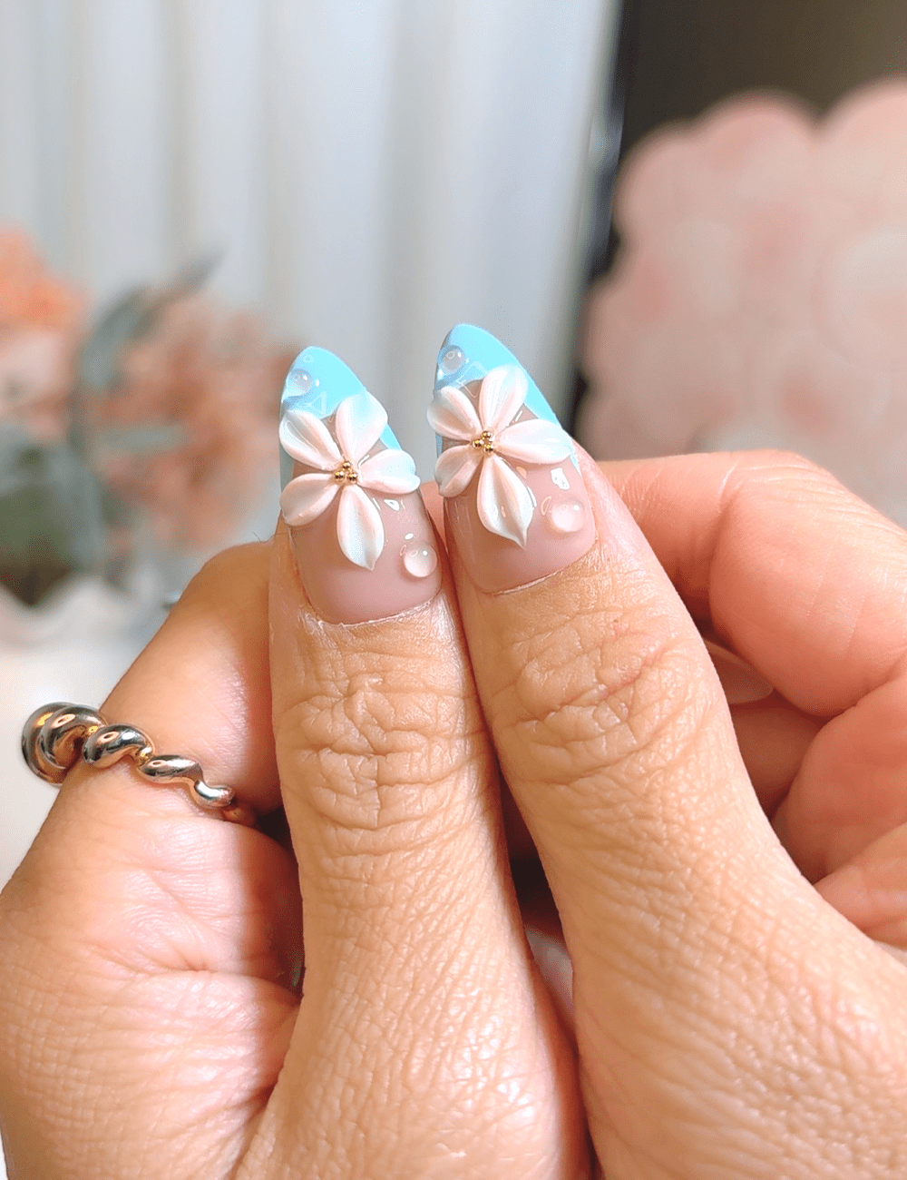 Blush Blue Bloom & Dewy Petals – Medium Almond
