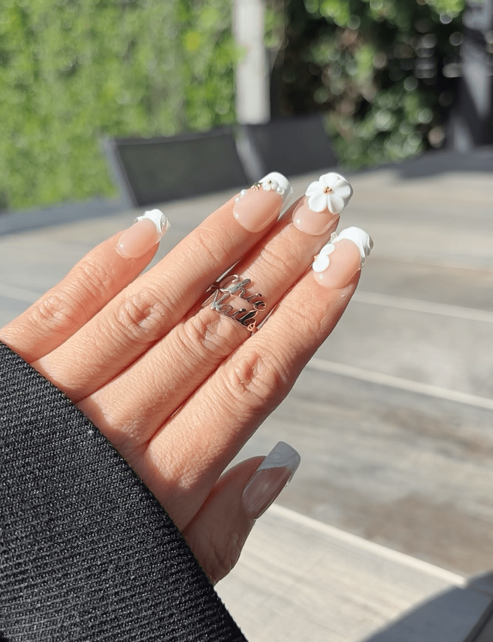 White 3D Floral French Press-On Nails – Short Square with Pearls & Gold Accents