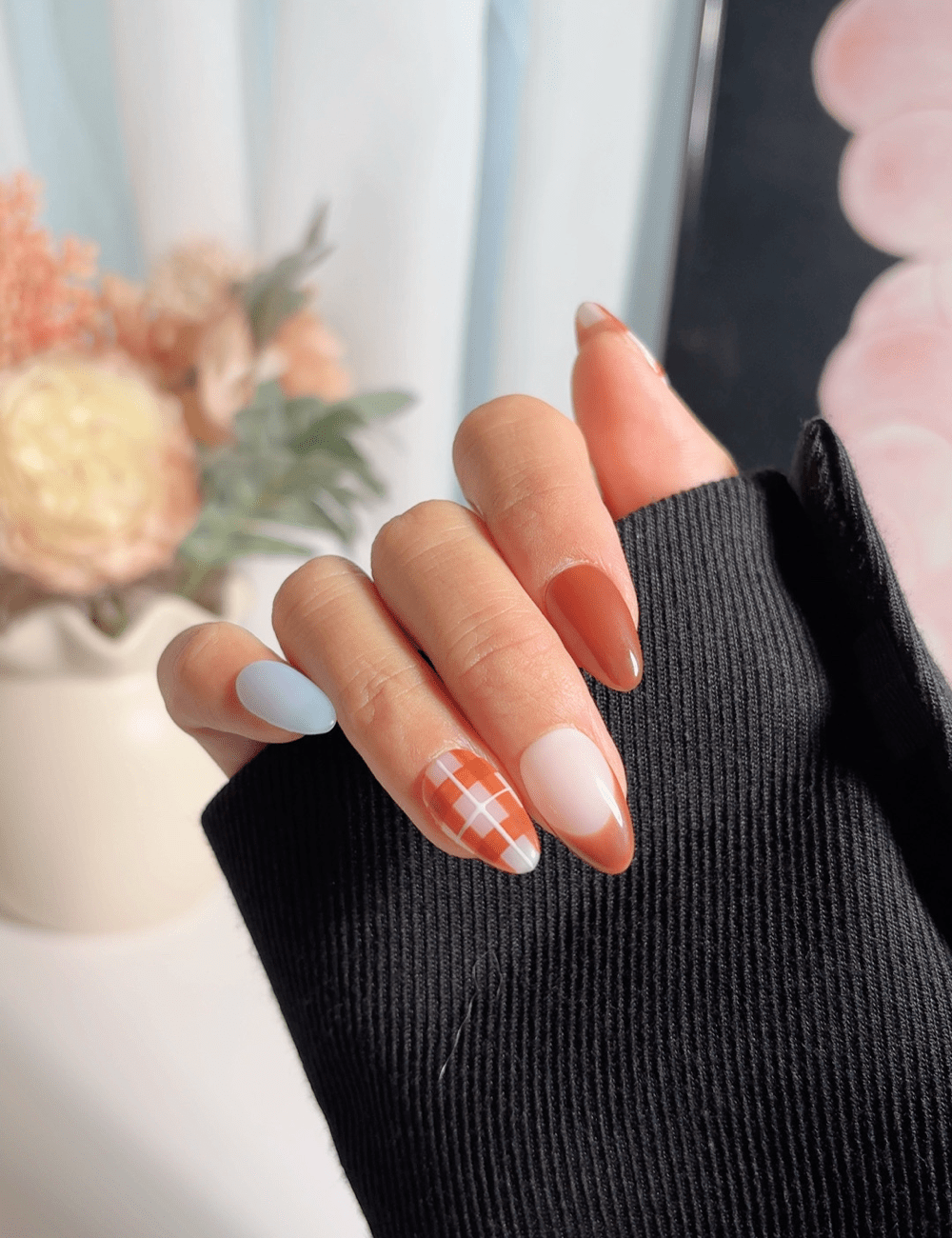 Terracotta Gingham & French Tip Press On Nails | Autumn Harvest Edition