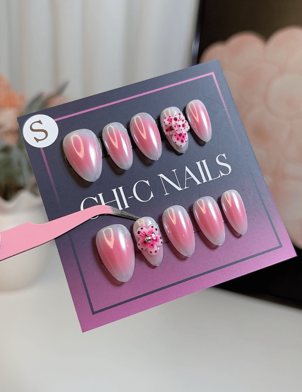 Cherry Bow & Pink Aura – Short Almond