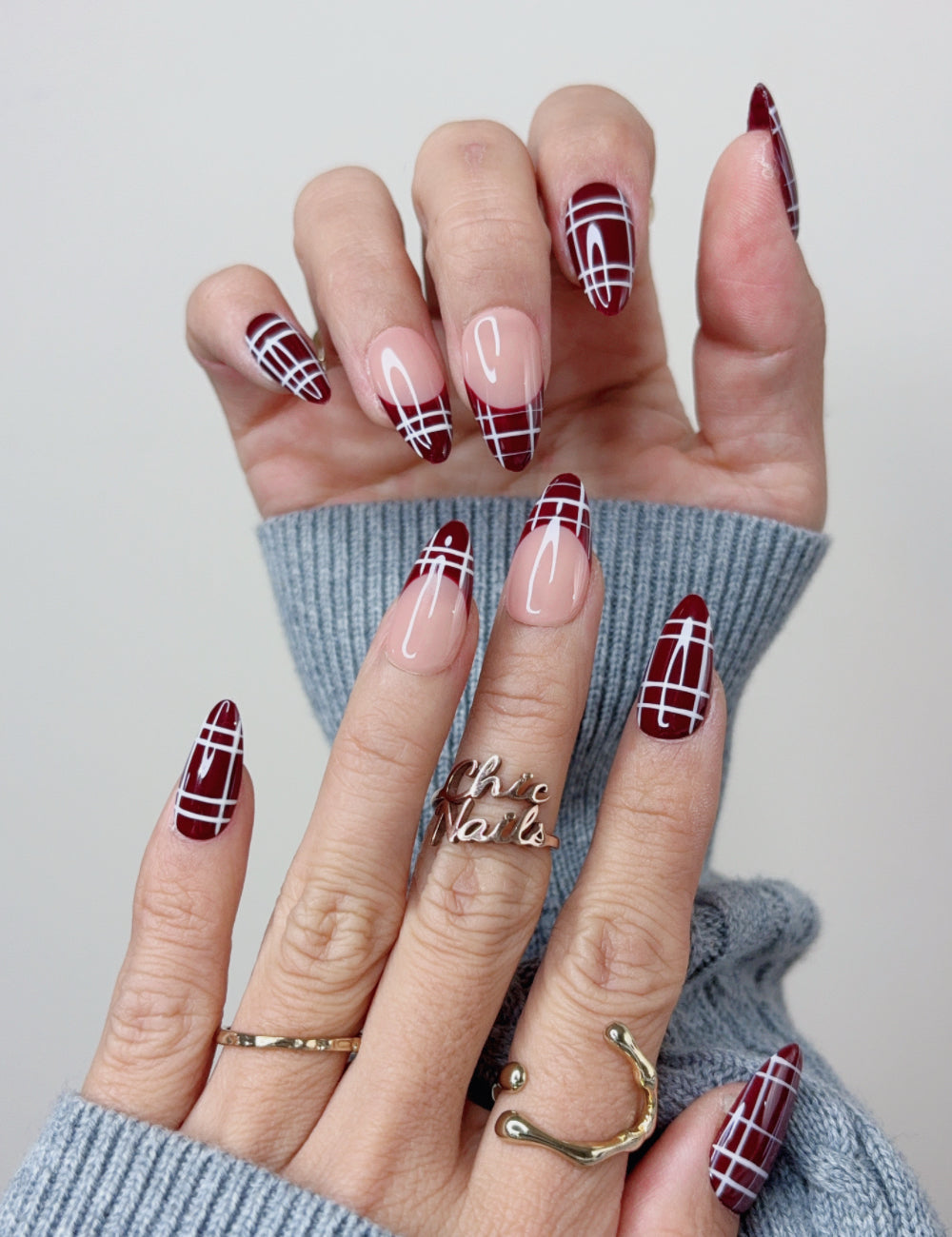 Burgundy Plaid French Medium Almond Press On Nails